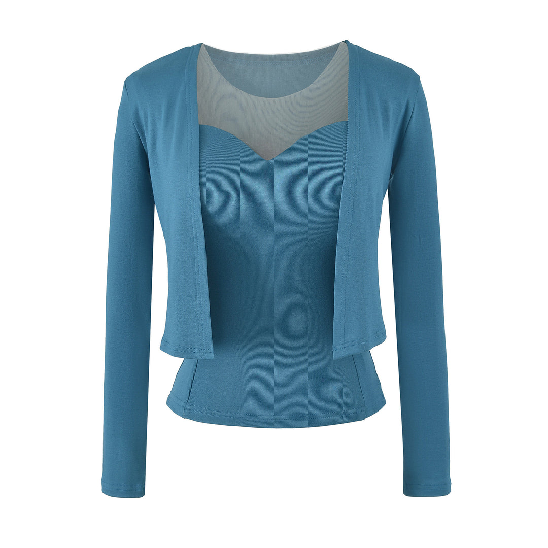 Ladies Two-Piece Fine Knit Top Set with Mesh Insert and Open Cardigan Amarae