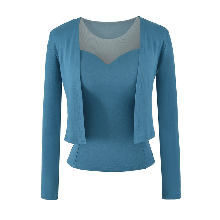 Ladies Two-Piece Fine Knit Top Set with Mesh Insert and Open Cardigan Amarae
