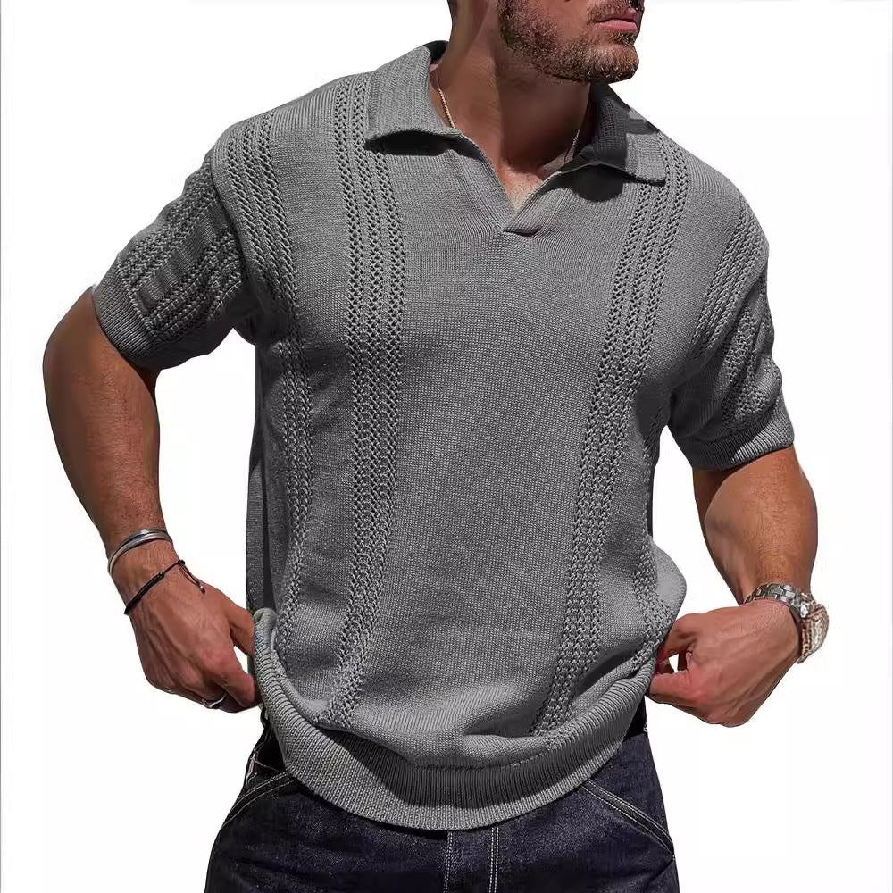 Knitted short sleeve pullover for men with textured surface and polo collar Lune London