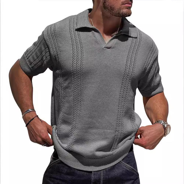 Knitted short sleeve pullover for men with textured surface and polo collar Lune London