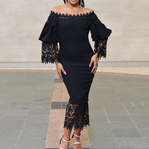 Off-shoulder dress for women with lace sleeves and asymmetrical hem Amarae