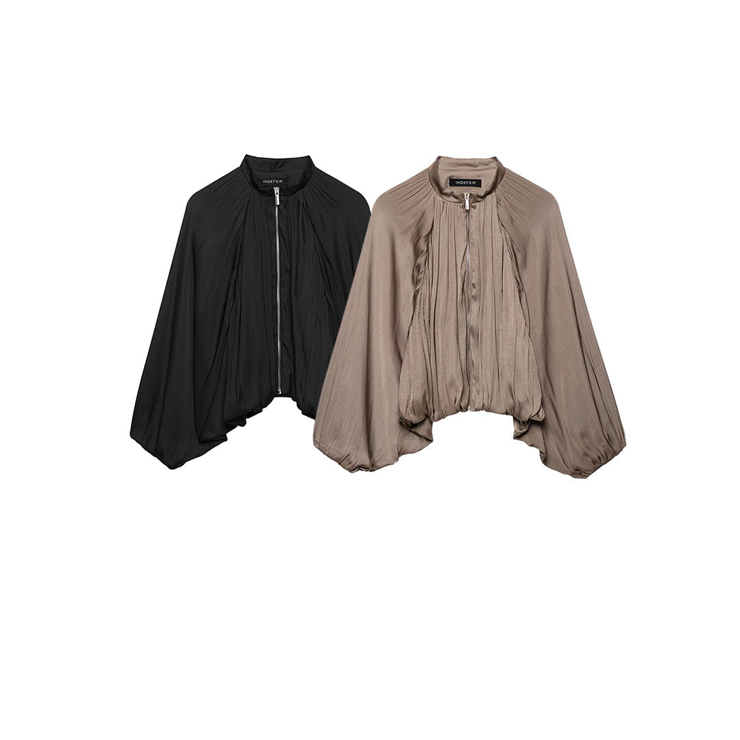 Women Pleated Cropped Cape Jacket with Zipper and Ballooned Hem Amarae