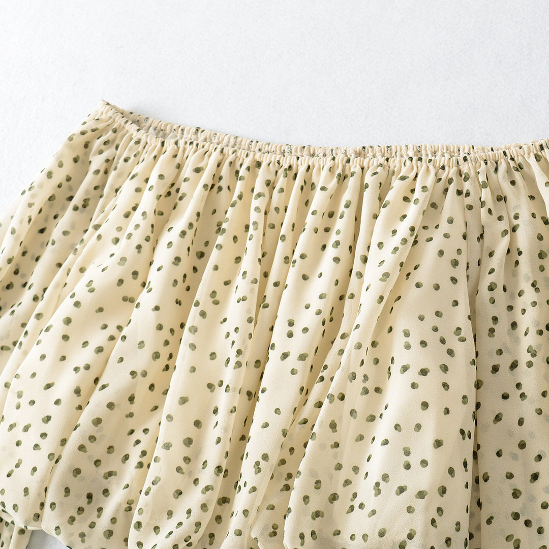 Ladies Carmen Cropped Chiffon Blouse with Elastic, Ruffle Trim and Long Balloon Sleeves Amarae
