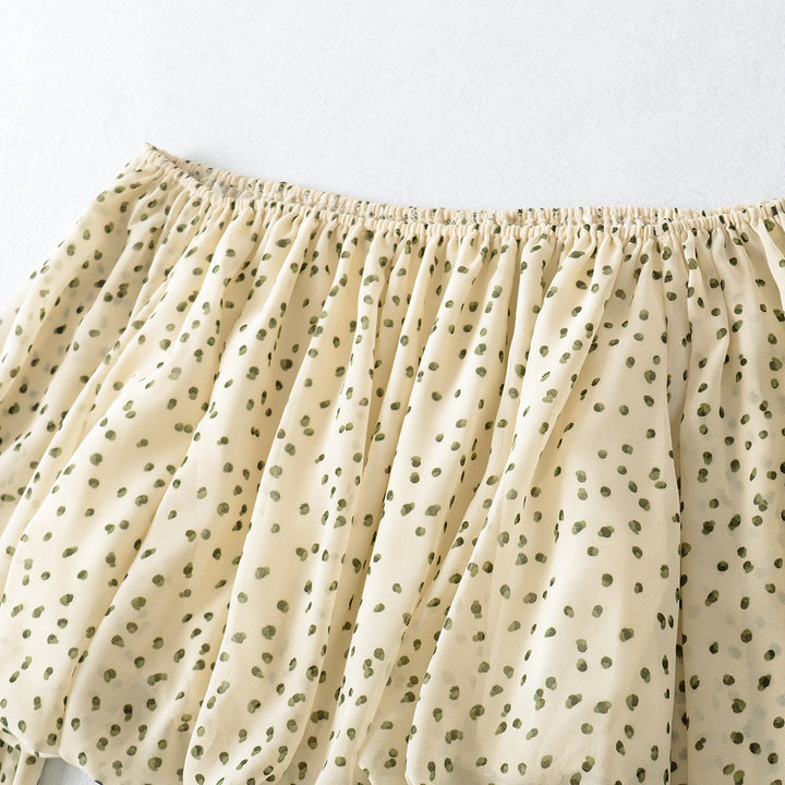 Ladies Carmen Cropped Chiffon Blouse with Elastic, Ruffle Trim and Long Balloon Sleeves Amarae