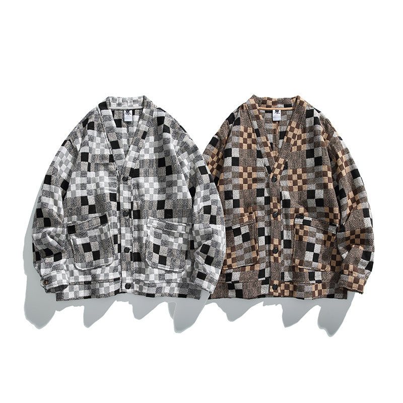 Unisex Boxy Cardigan in Patchwork Check with V-neck, snap front, and patch pockets Amarae