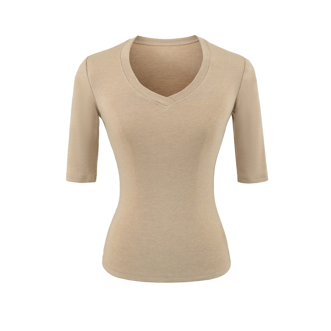 Women's Fitted V-Neck Three-Quarter Sleeve Fine Rib Top made of Stretch Jersey Amarae