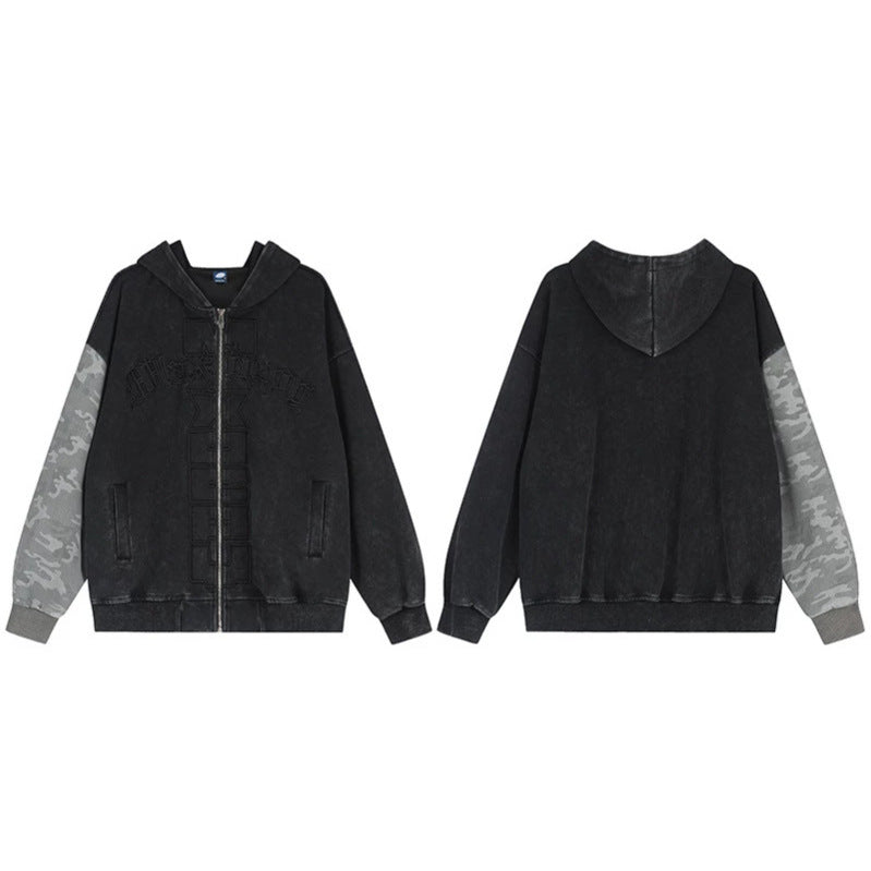 Unisex Oversize Hooded Zip Jacket with Camouflage Sleeves, Washed Effect and Raised Front Embroidery Amarae