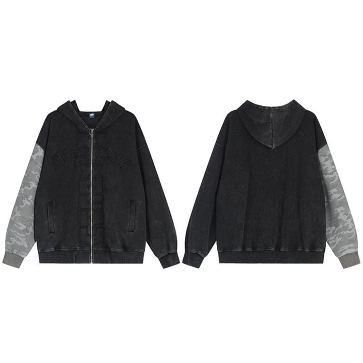 Unisex Oversize Hooded Zip Jacket with Camouflage Sleeves, Washed Effect and Raised Front Embroidery Amarae