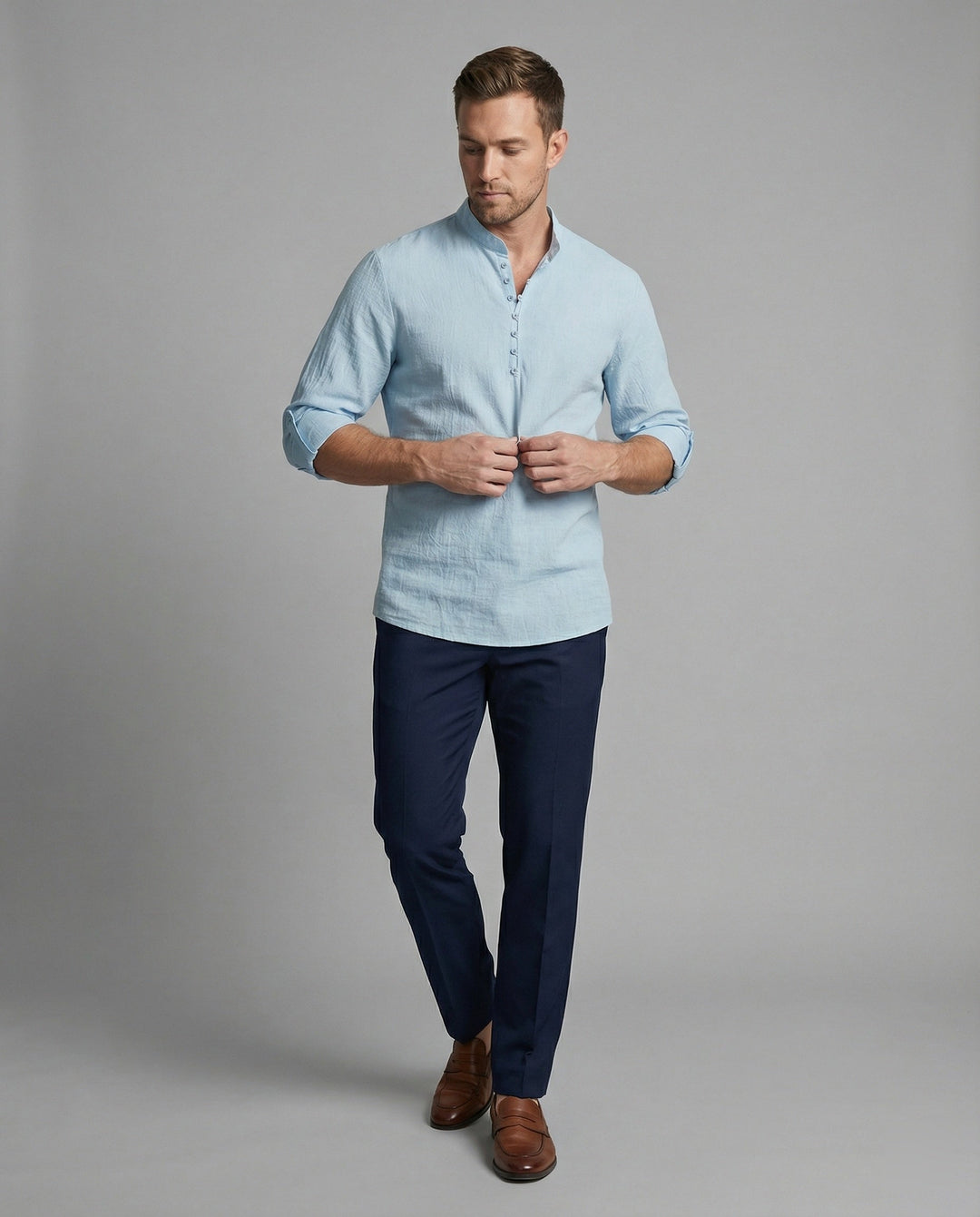 Men's shirt with modern buttons and practical rolled-up sleeves