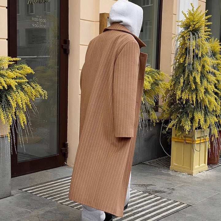 Women Double-Breasted Oversized Wool Blend Coat with Pinstripes and Loose Fit Amarae