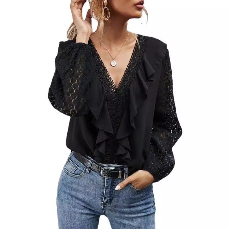 Ruffled blouse for women with transparent sleeves and delicate lace accents Lune London