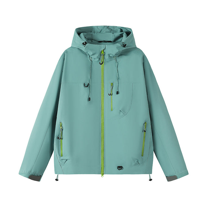 Outdoor technical jacket for women with waterproof material and adjustable hood system Lune London