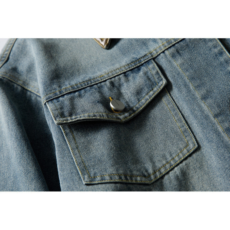 Unisex Boxy Denim Jacket with Leather Collar, Snap Button Placket and Flap Pockets Amarae