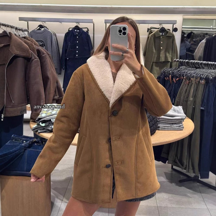 Women Cozy Short Coat with Teddy Lining, Shawl Collar and Tailored Seams Amarae