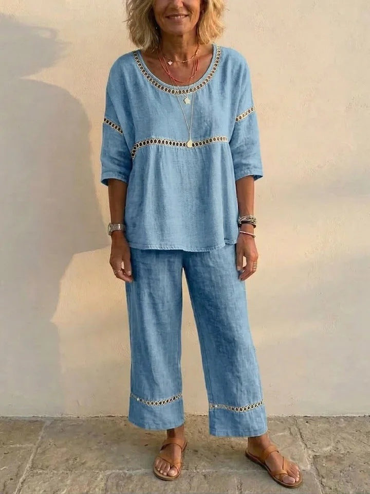 Women's Complete Linen Loungewear Suit with Airy Fit and Lace Accents Chic & Stil