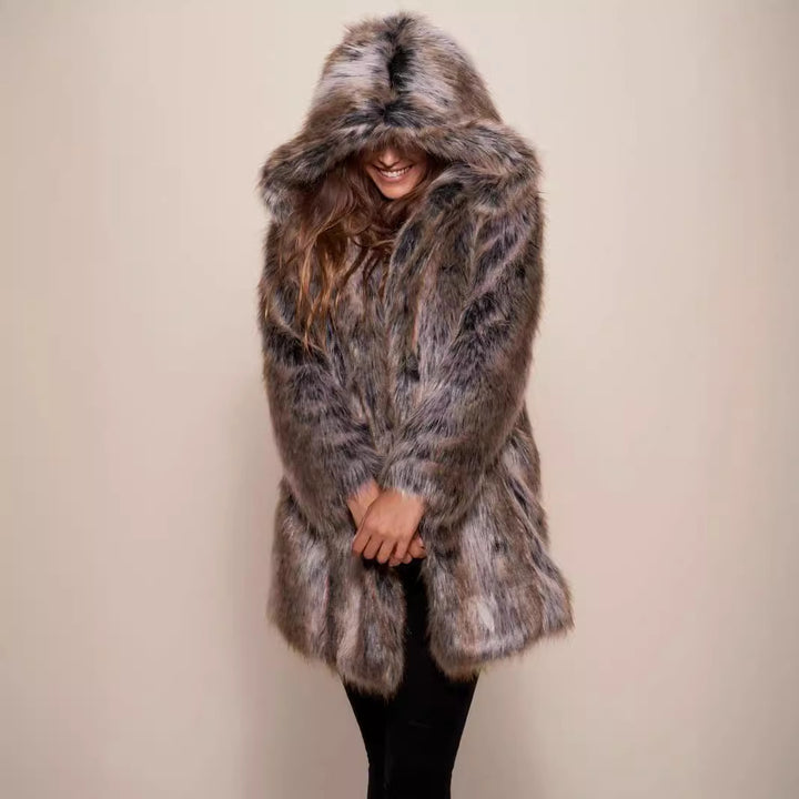 Ladies Luxurious Faux Fur Coat with Hood Lune London