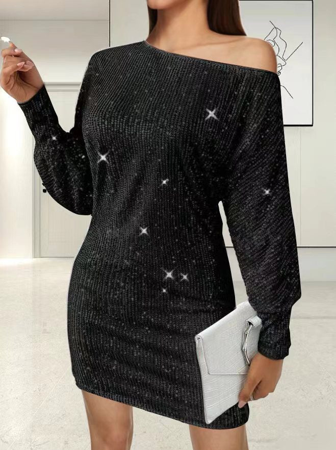 Glamorous mini dress for women with asymmetric sleeve design and sparkling effects Lune London