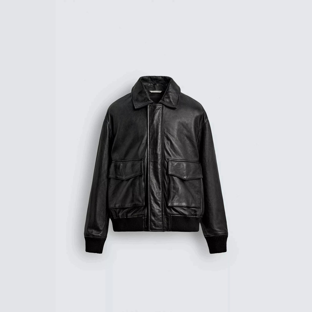 Men's smooth leather blouson in pilot style with shirt collar and patch flap pockets Amarae