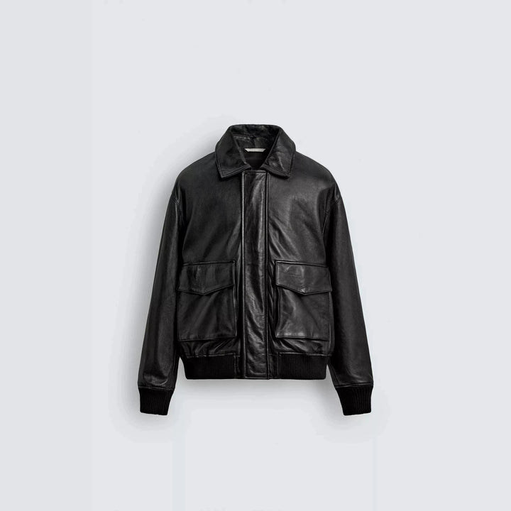 Men's smooth leather blouson in pilot style with shirt collar and patch flap pockets Amarae