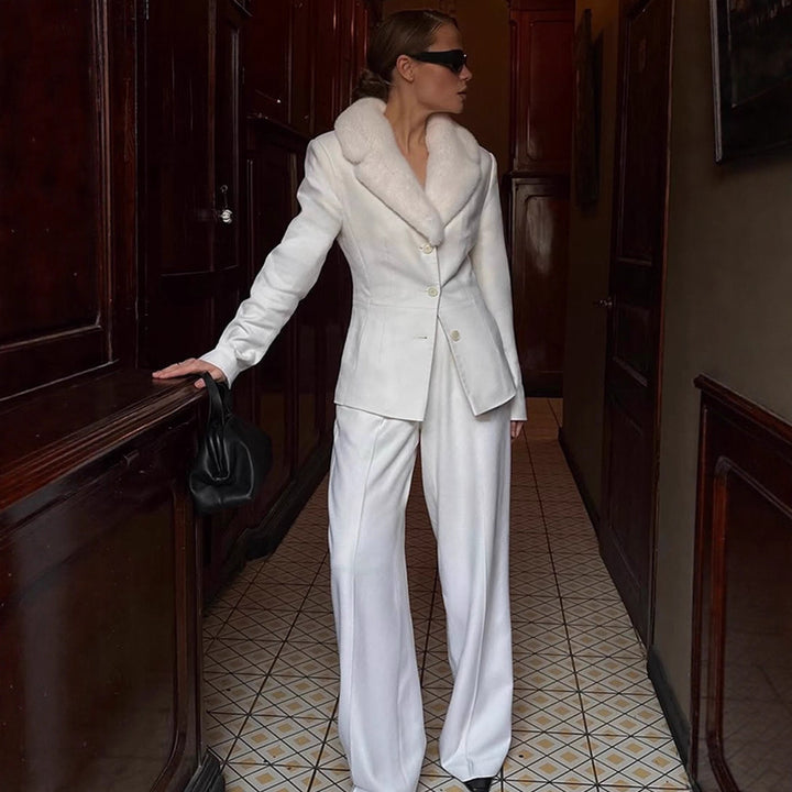 Ladies Tailored Blazer with Faux Fur Shawl Collar & Wide Pleated Trousers Amarae