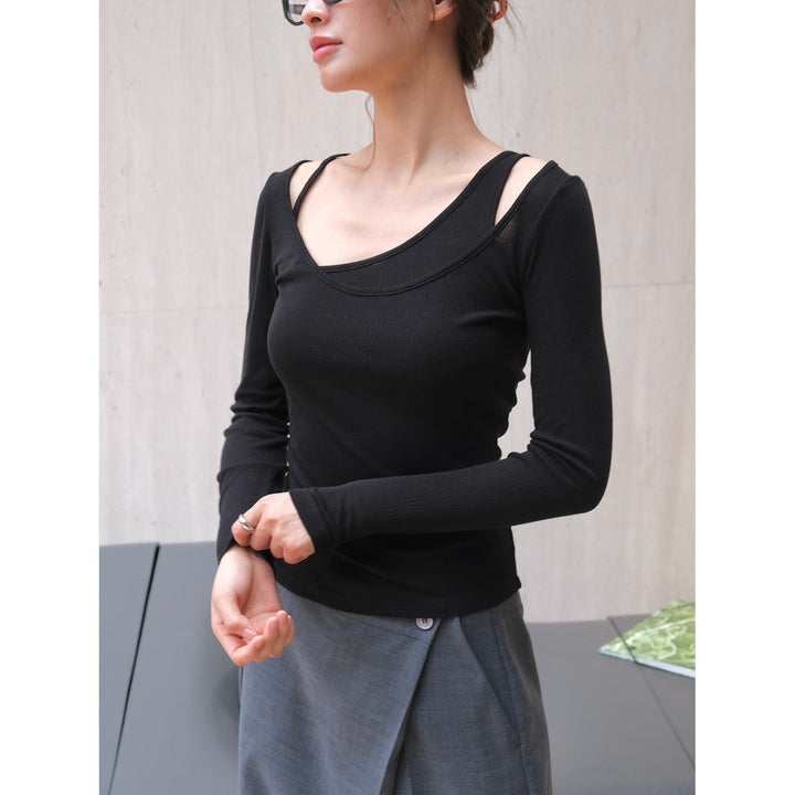 Women Asymmetric Long Sleeve with Double Neckline and Spaghetti Strap Detail Amarae