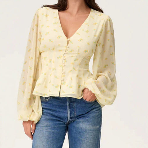 Women's jacquard lace blouse with fitted peplum and balloon sleeves Amarae