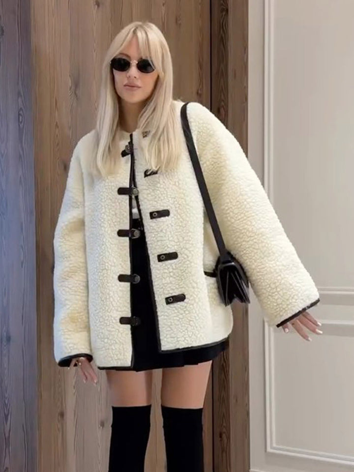 Faux fur jacket for women with a modern cut and practical button details Lune London