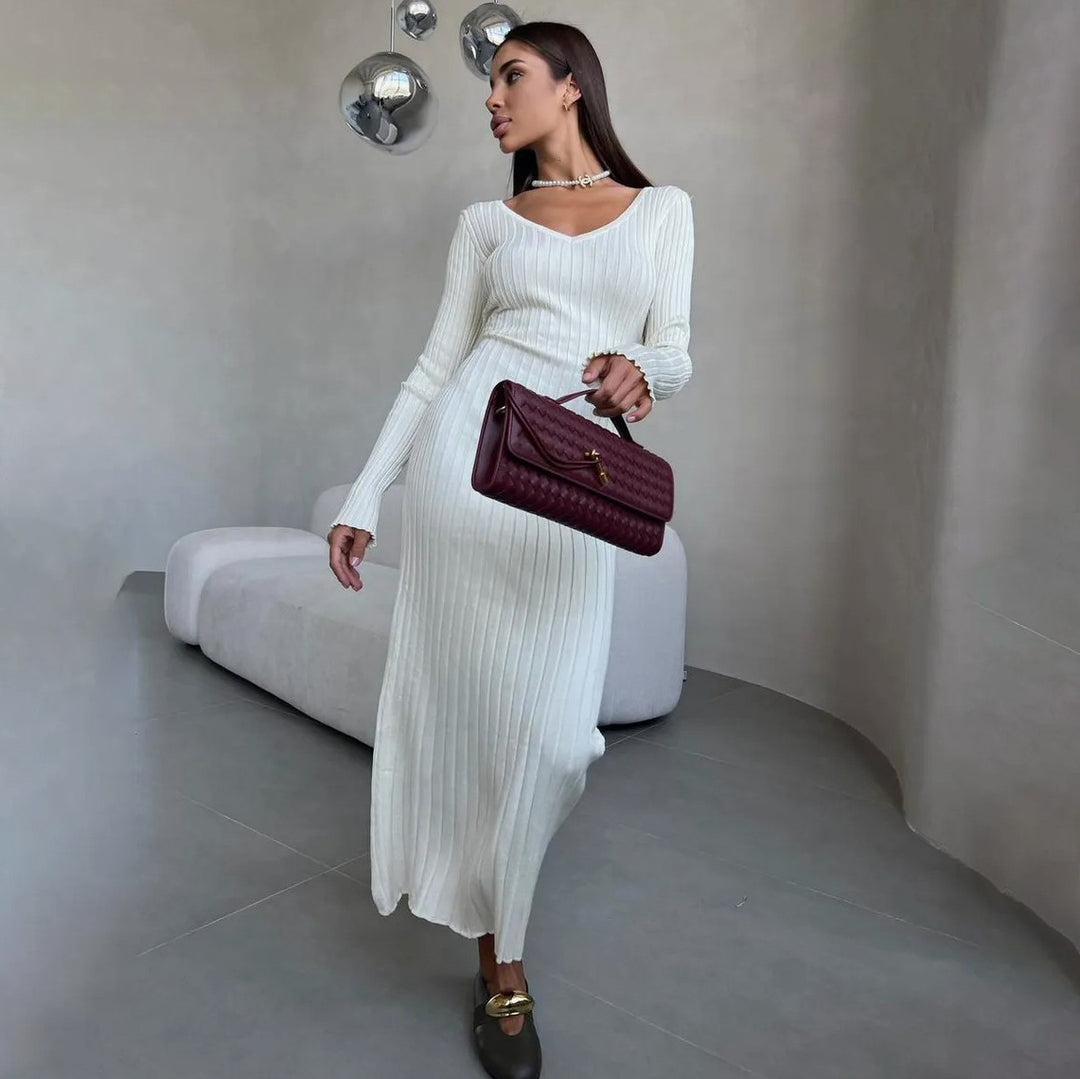 Maxi dress for women with refined ribbed knit and off-shoulder design Lune London