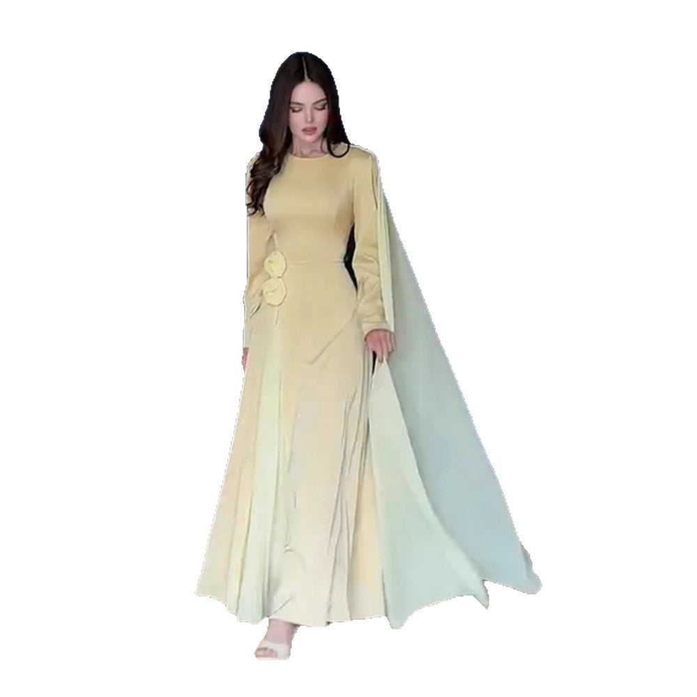 Women’s Evening Dress with Cape Sleeves, Tailored Silhouette and Decorative Flower Detail Amarae