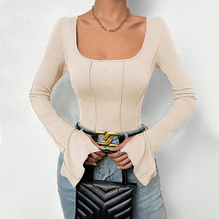 T-shirt à manches longues pour femmes avec décolleté carré et design en côtes élastiques Chic & Stil