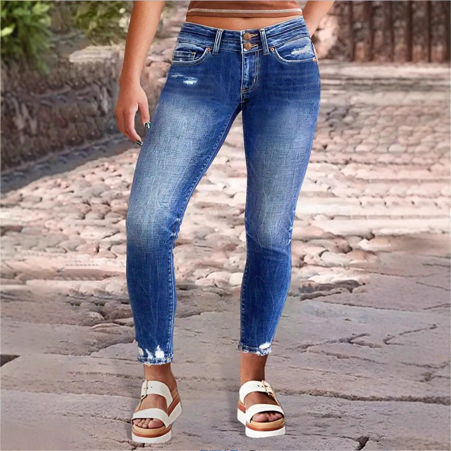 Women's high-waisted Slim-Cropped Jeans with raw hem, Used-Wash and elastic comfort waistband Amarae