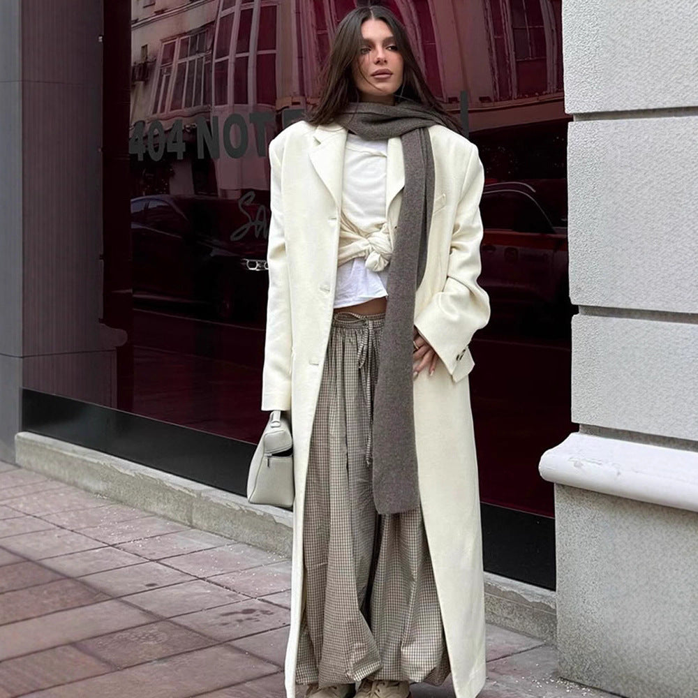 Women's Longline Wool Coat with Minimalist Button Placket, Structured Shoulder, and Classic Lapel Collar Amarae