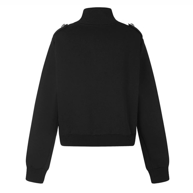 Women's short sweatshirt jacket with stand-up collar, double button detail and zipper Amarae