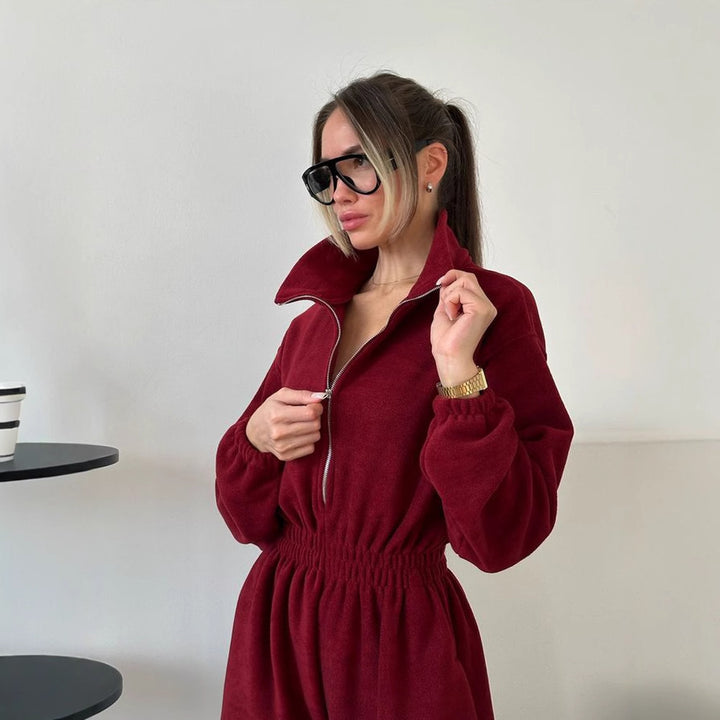 Ladies fashionable fleece jumpsuit with high collar and elastic waist Lune London