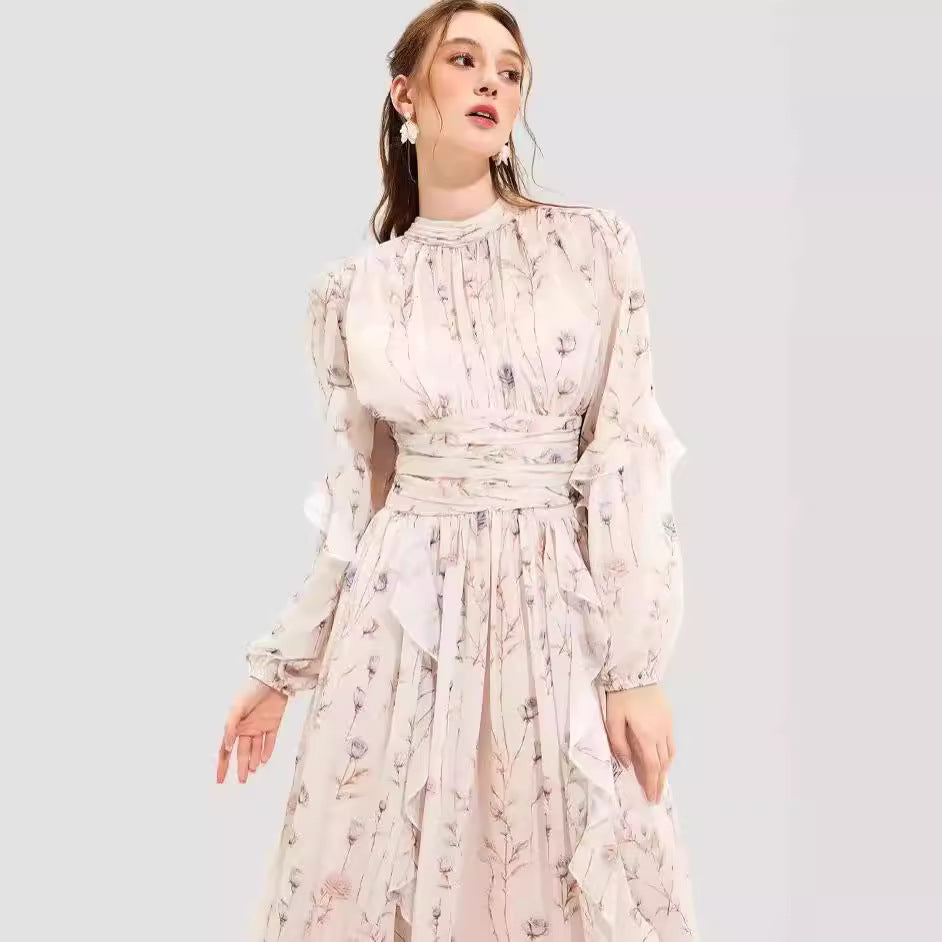 Women's midi dress with floral embroidery and elegant ruffled hem Lune London