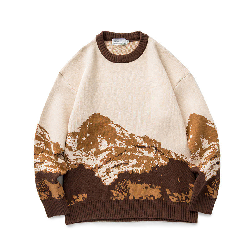 Unisex Oversized knit sweater with mountain jacquard and ribbed round neckline Amarae