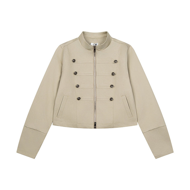 Women's short tailored military jacket with stand-up collar, decorative button rows, and two-way zipper Amarae