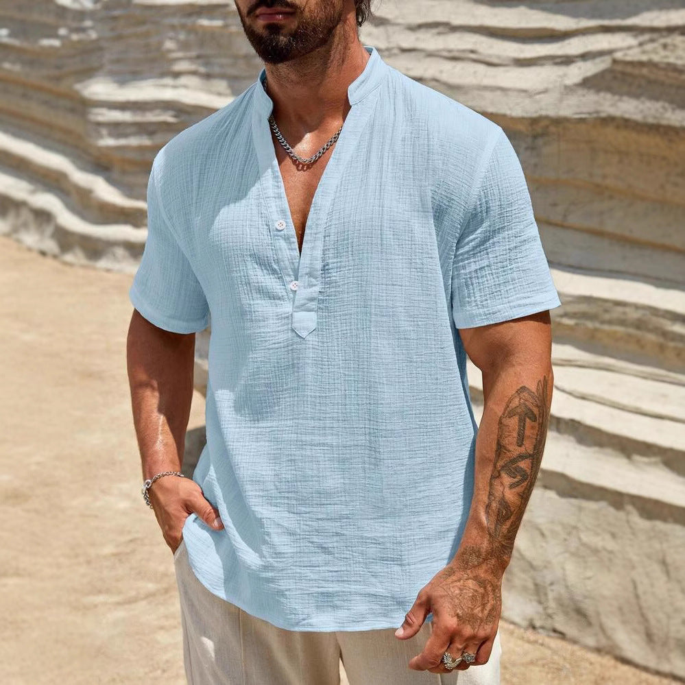 Men's short sleeve Henley shirt with modern stand-up collar in lightweight cotton material Lune London