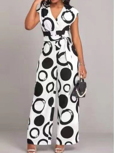 Trendy wide-leg trousers for women with a tie belt and graphic pattern Amarae
