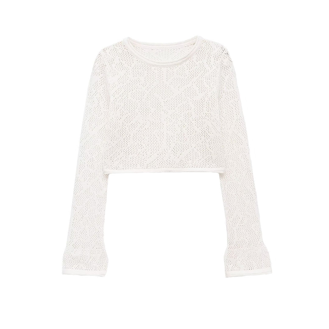 Women's Short Cut Lace Knit Crop Top with Round Neckline and Slightly Flared Sleeves Amarae