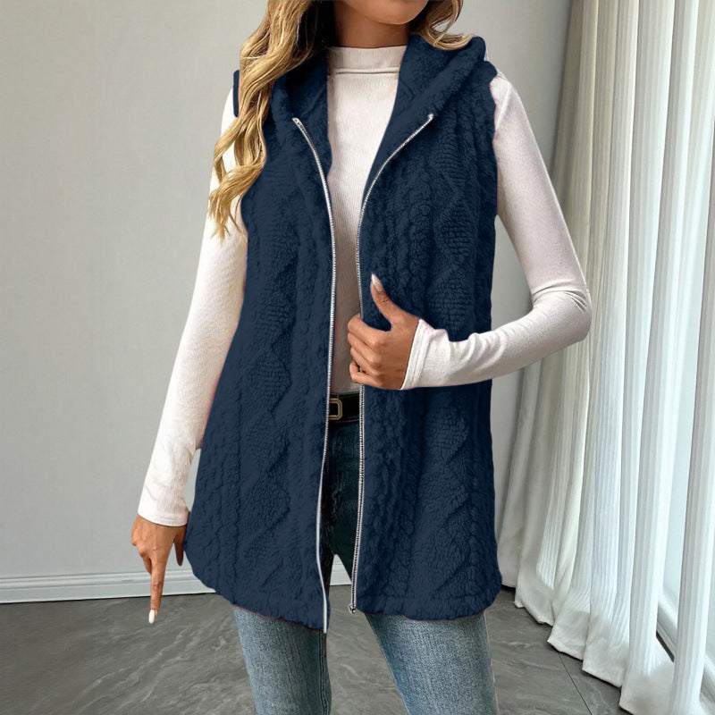 Women's Hooded Teddy Vest with Zipper and Structured Knit Look Amarae