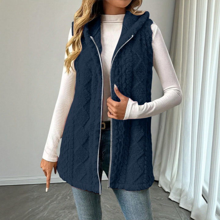 Women's Hooded Teddy Vest with Zipper and Structured Knit Look Amarae