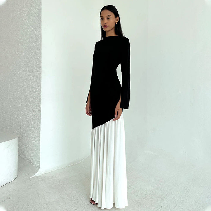 Elegant and asymmetrical maxi dress for ladies with long sleeves and chic and stylish color contrasts.