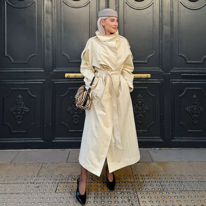 Women’s longer lighter trench coat with wide shawl collar and dropped shoulder Amarae