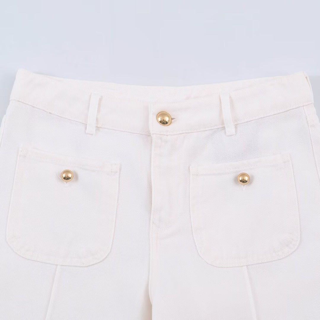 Ladies High-Waist Wide-Leg Jeans with patch front pockets and center seam detail Amarae