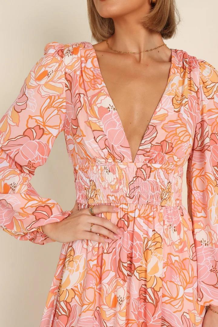 Floral print summer dress for women with deep V-neck and puff sleeves Lune London