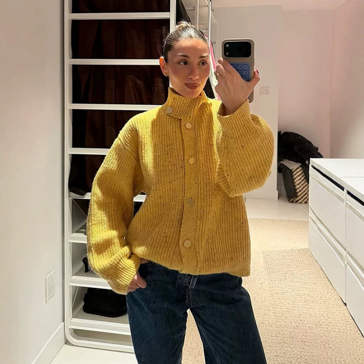 Women Oversize Cardigan with Rib Structure and Stand-Up Collar Amarae