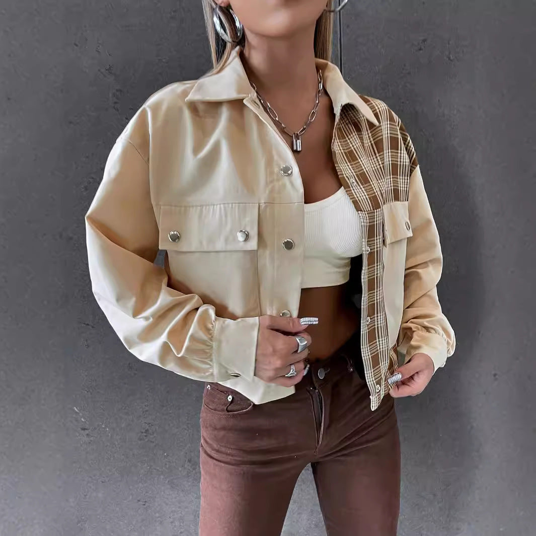 Lune London women's cropped utility jacket with plaid sleeves and classic snap buttons