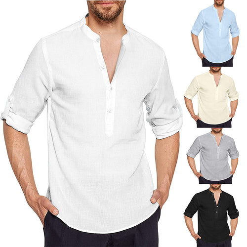 Men's linen shirt with modern high collar and classic button placket Amarae