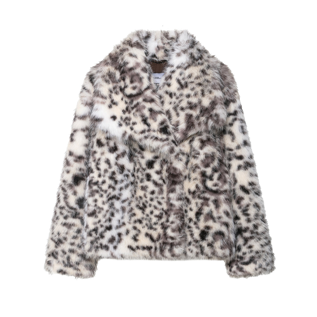 Women's Short Faux Fur Coat with Leopard Print and Shawl Collar Amarae